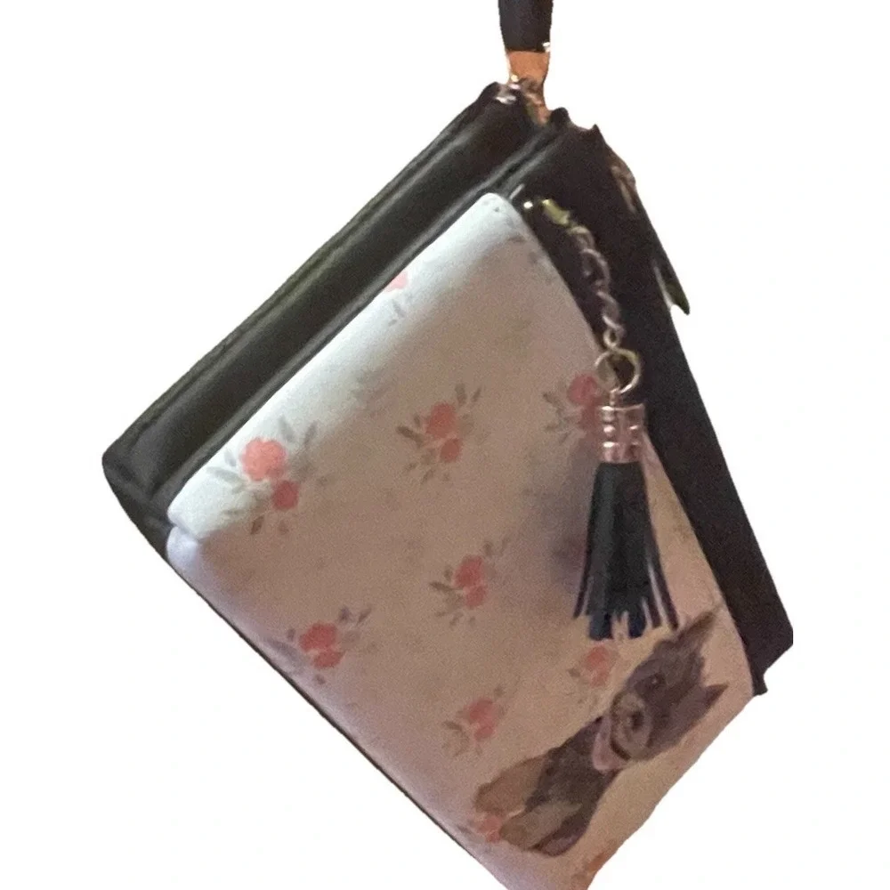 QUINBOHAN‎ Yorkie Wristlet Wallet Black Floral Faux Leather 3 Zip Card Coin